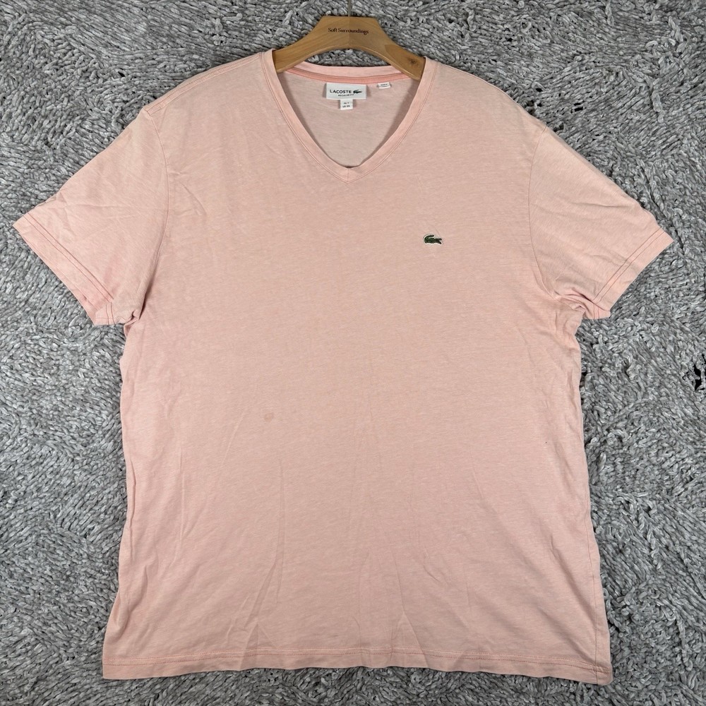 Lacoste Pinstriped Cotton T-shirt Mens XXL (7) Pink Short Sleeve V-Neck Designer