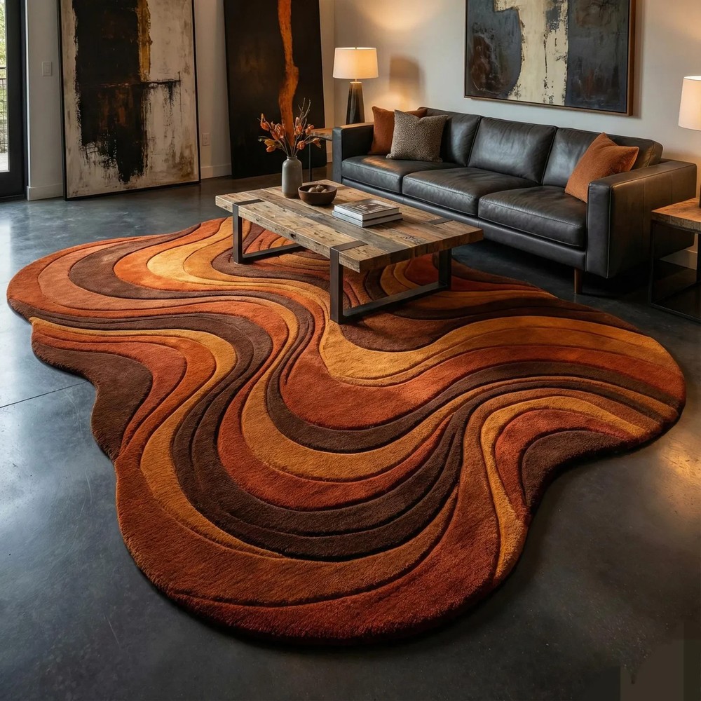 Earth Flow Hand-Tufted Wool Rug | Sculptural Wave Shape Area Rug | Terracotta, R
