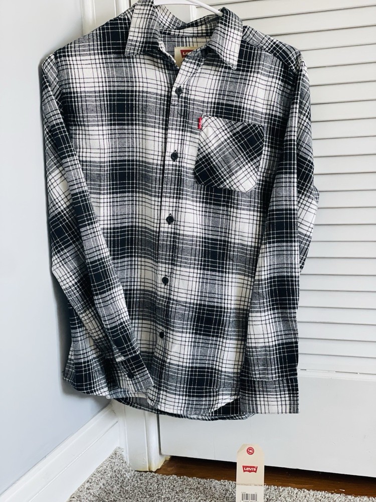 Levi's Boys Black White Plaid Button-Up Long Sleeve Shirt Pocket Logo Size L