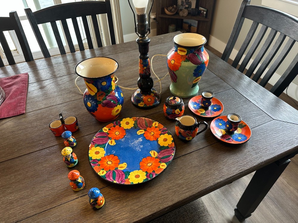 Set J. Mrazek Pottery Pleasant Art Deco Czechoslovakia Pottery Hand Painted Rare13 Pieces Vintage All Different Hand Painted incl Lamp