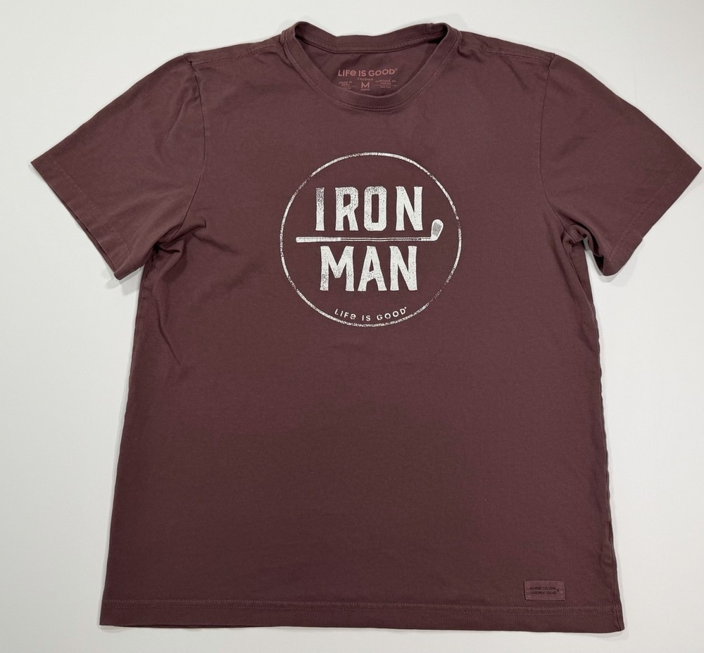 Life Is Good Crusher T-Shirt Tee Men Medium Maroon Iron Man Graphic Short Sleeve