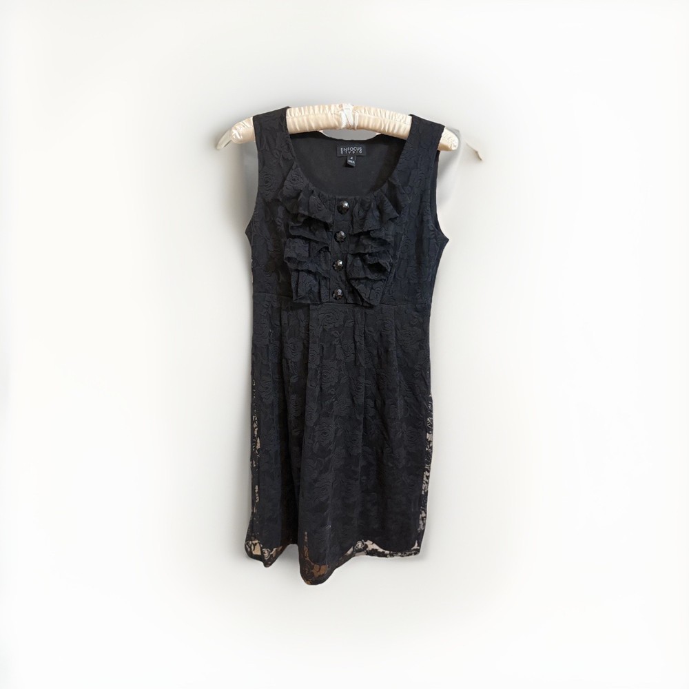 Enfocus Studio Black Lace Sleeveless Dress Women's Size 4 Ruffle Front