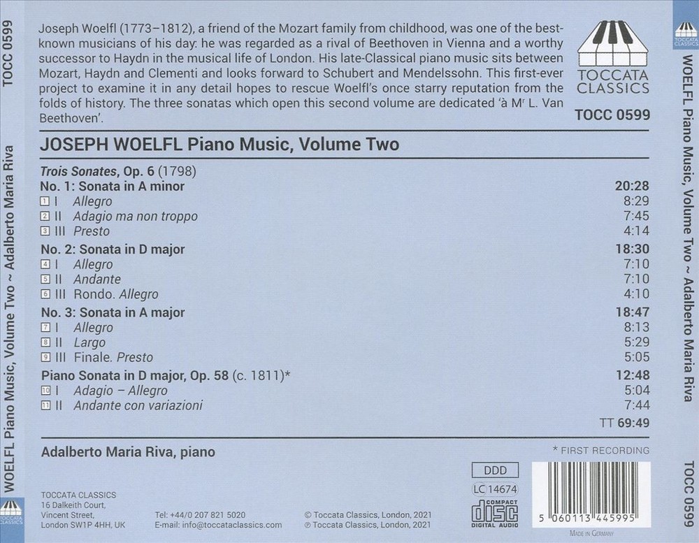 Adalberto Maria Riva Joseph Woelfl: Piano Music, Vol. 2 New Cd