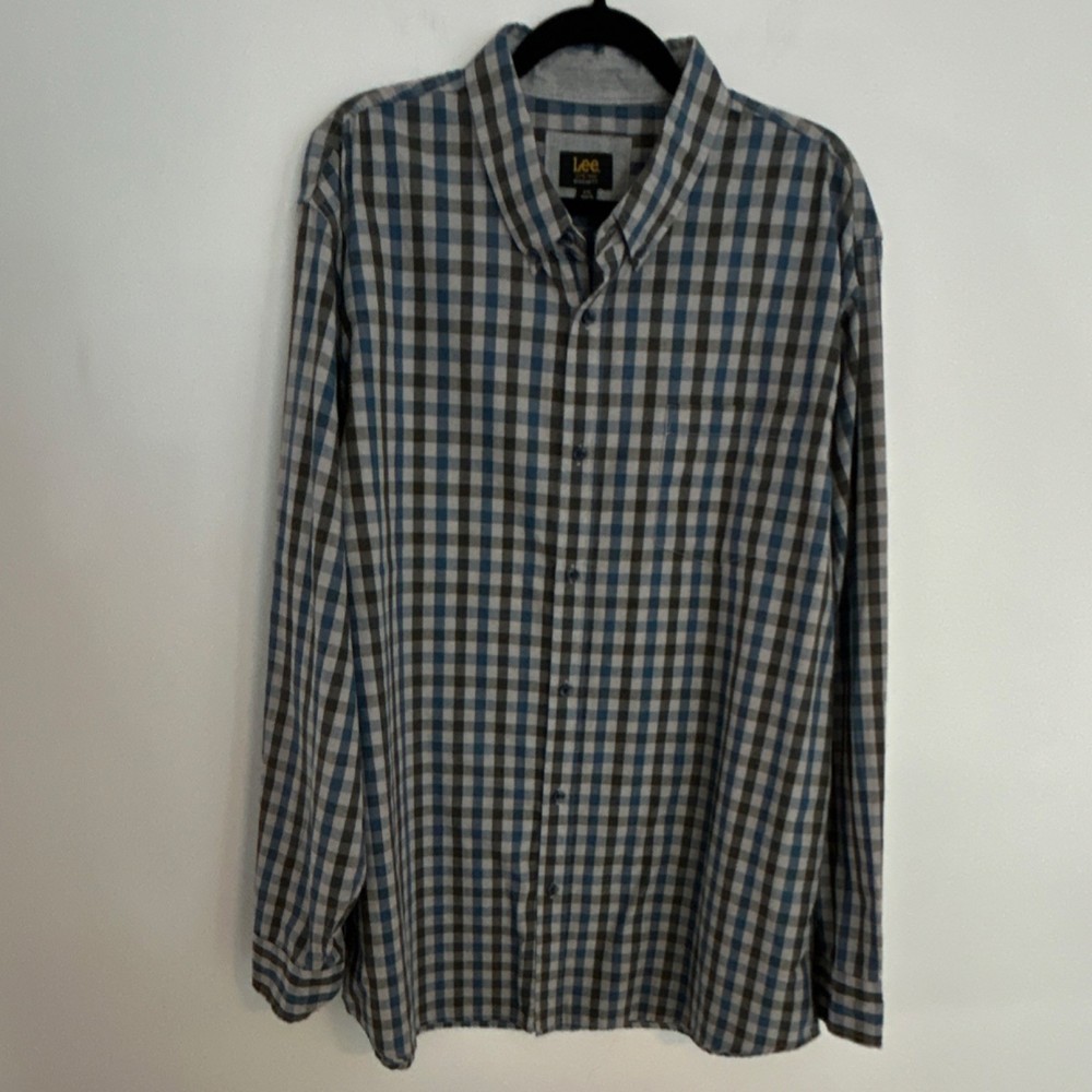 Lee Men's Blue Gray Check Cotton Blend Button-Down Shirt Regular Fit XXL