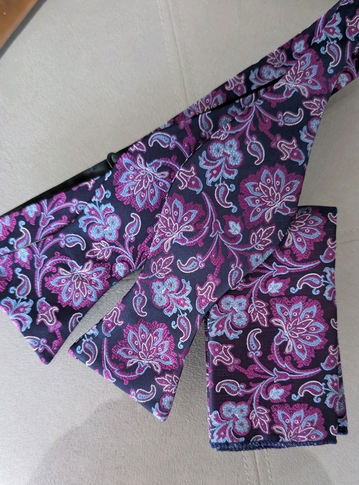 Men's Bow Tie Navy And Blue & Berry Floral With Matching Handkerchief Self Tie