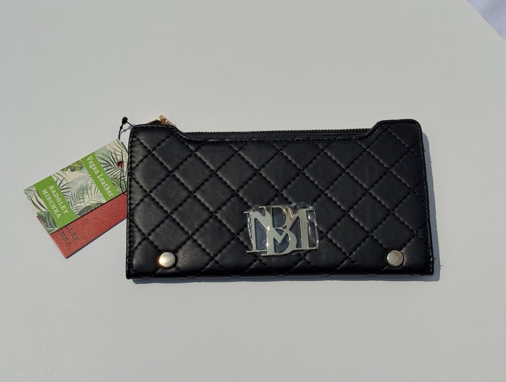 NEW Badgley Mischka Black Long Wallet Diamond Quilted Vegan Leather NWOT