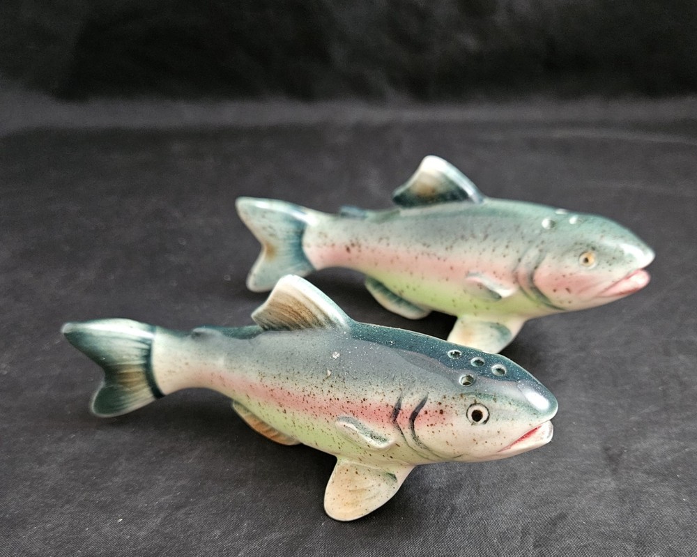 Vintage Pair Rainbow Spotted Trout Salt and Pepper Shakers Ceramic Japan