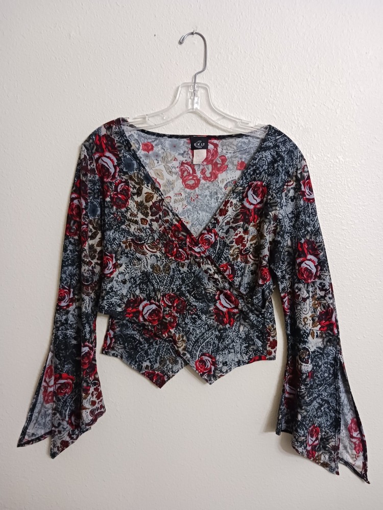 Womens Vintage Exit USA Large Black Gray Wrap Roses Gypsy Goth Y2K Babydoll