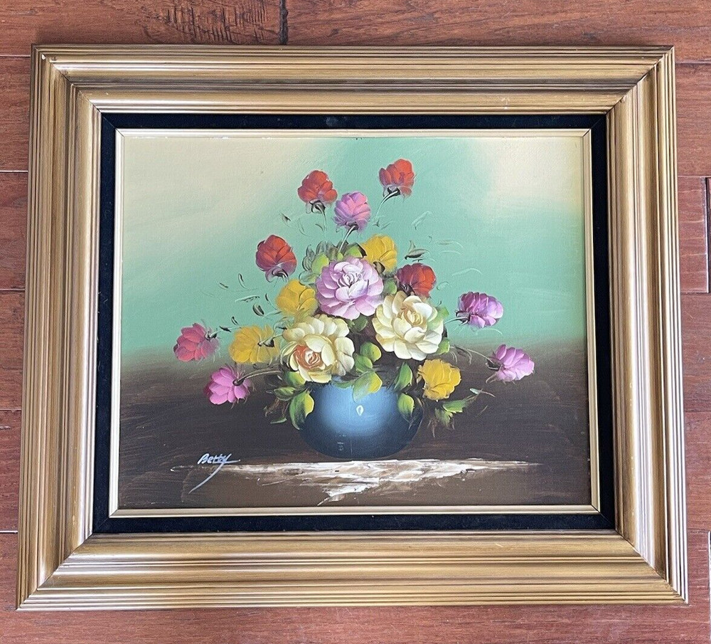 Original Framed Still Life Oil Painting on Canvas Board Floral Bouquet Signed