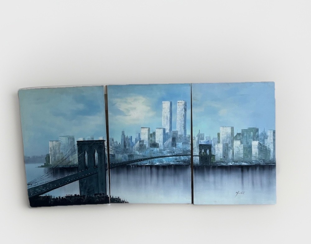 Brooklyn Bridge Skyline NYC painting oil on canvas New York Triptych 3 Panel Vtg