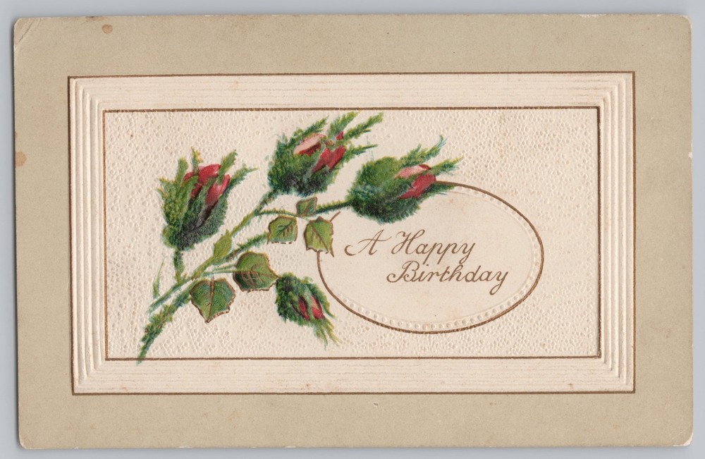 Greetings~A Happy Birthday~Red Rose Bud Flowers In Frame~Embossed~Vintage PC