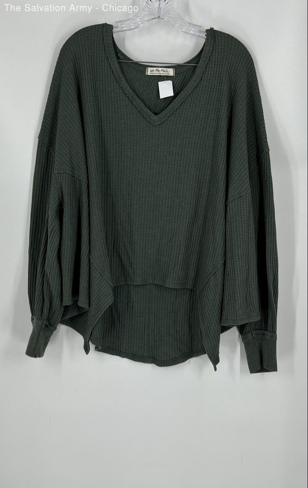 We The Free Womens Green Cotton Blend Long Sleeve V-Neck Blouse Top Size Medium