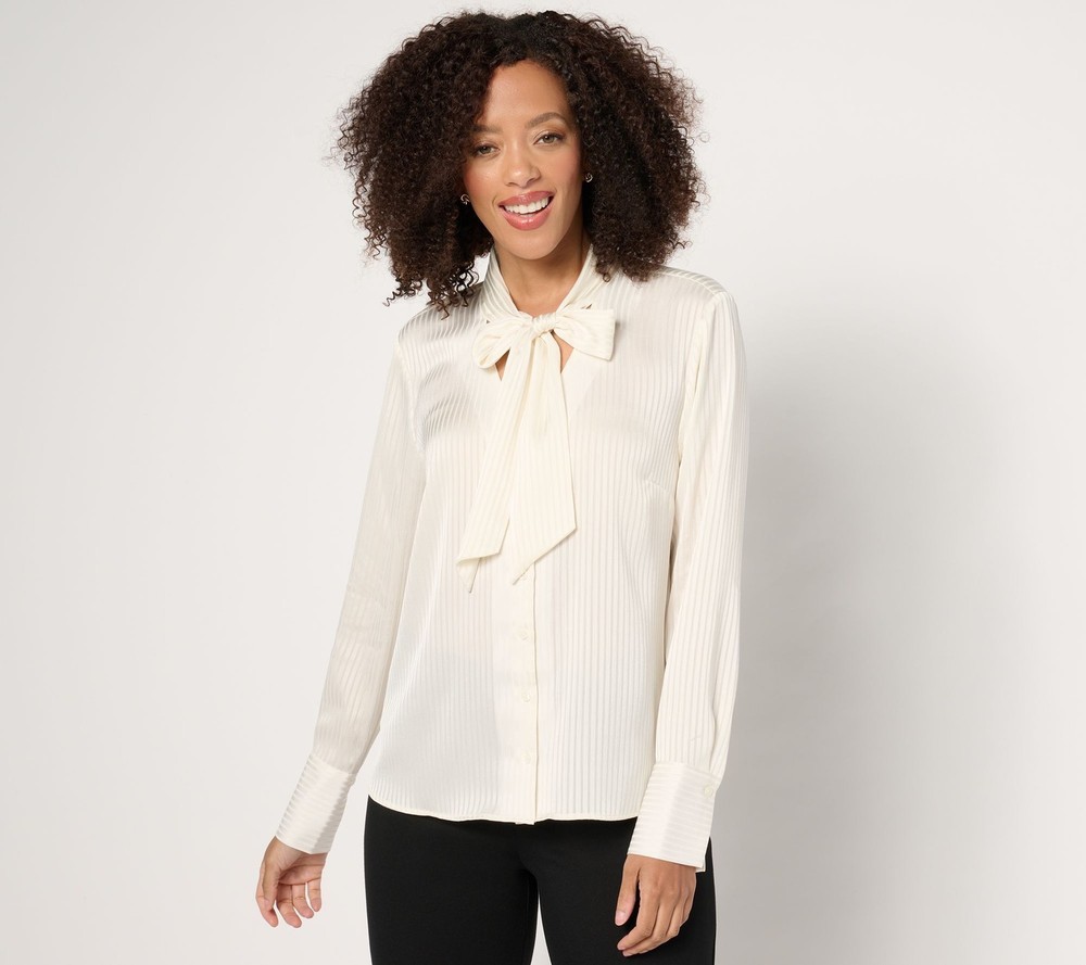 BEAUTIFUL by Lawrence Zarian Women's Top Sz M Button-Front Bow White A670912