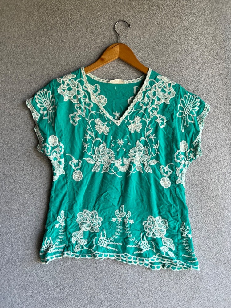 Solitaire Anthropologie Blouse Womens Size M Embroidered Turquiose Cottagecore