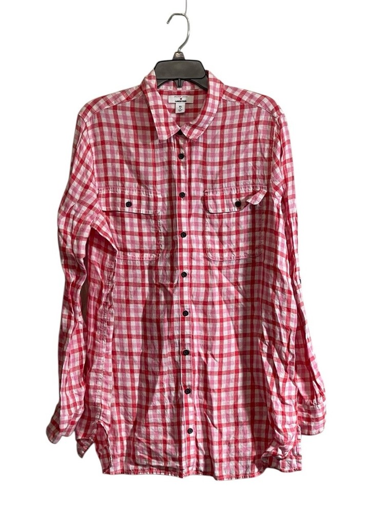 Lands End Linen Blouse XL 18 Draper James Button Up Pink Gingham Valentines