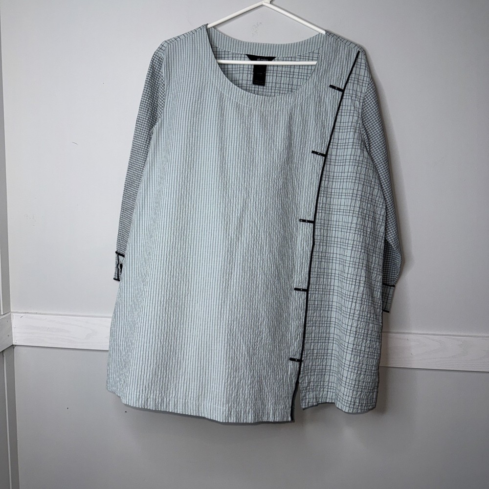 Ali Miles Lt Aqua Check Crinkled Tunic Top W Faux Buttons XL Asian Inspired