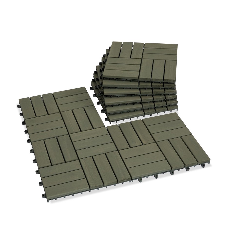 Acacia Wood Patio Deck Tiles - 9-Piece Interlocking 12-Slat Decking Set-image