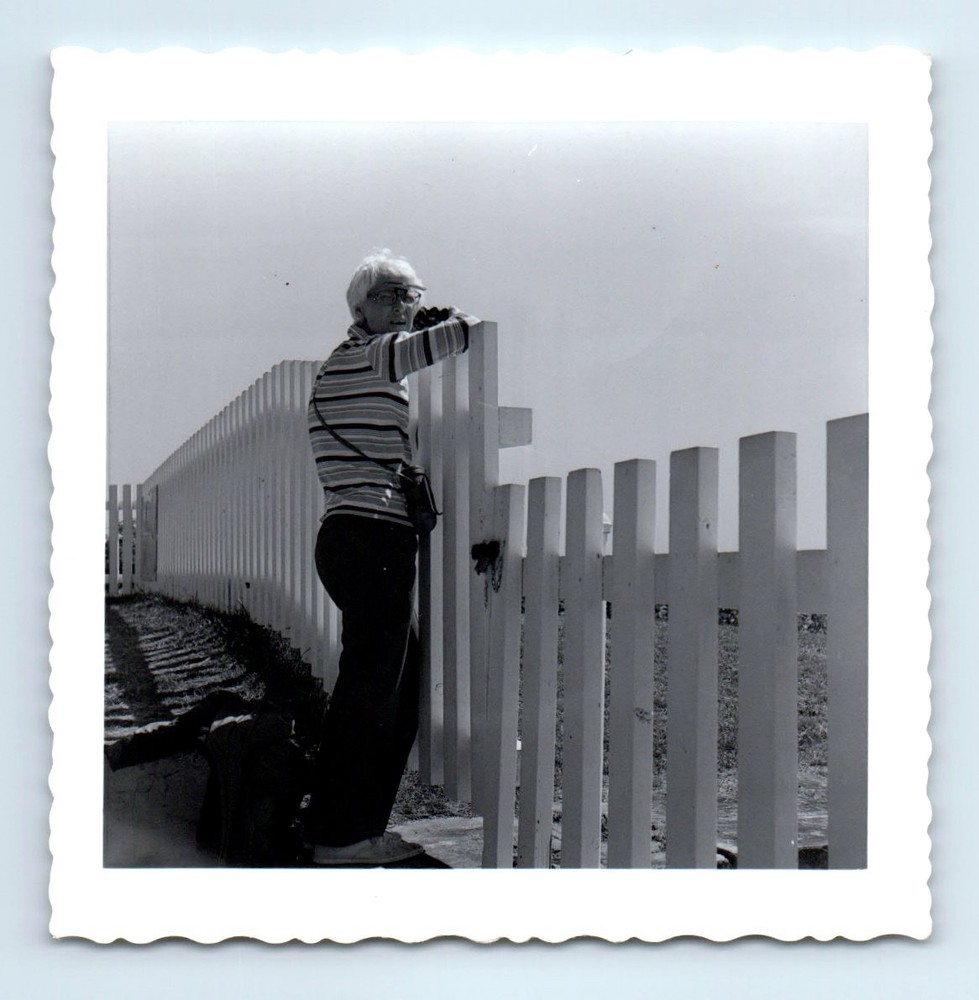 Old Vintage Square Photo SOLO WOMAN BY FENCE BEACH SCENE SNAPSHOT PHOTOGRAPH