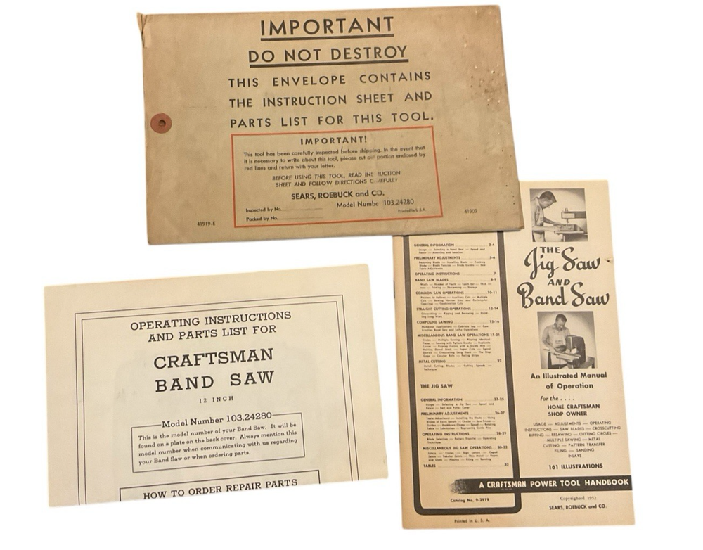 Vintage 1954 Craftsman Band Saw & Jig Saw Manual with Parts Envelope