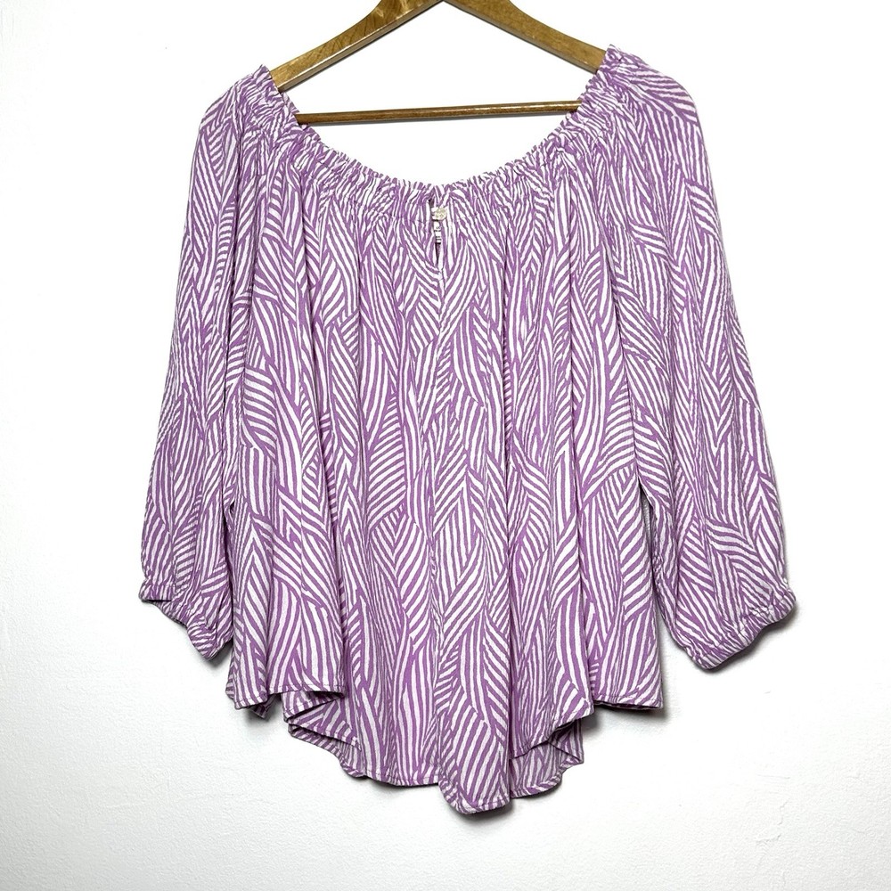 Terra & Sky Plus Shirt Women’s 1X Purple White Rayon Boho Off The Shoulder Top