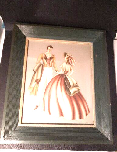 Vintage Art Deco by Turner 1940s Framed Wall Art Lady and Gentleman Signed 2