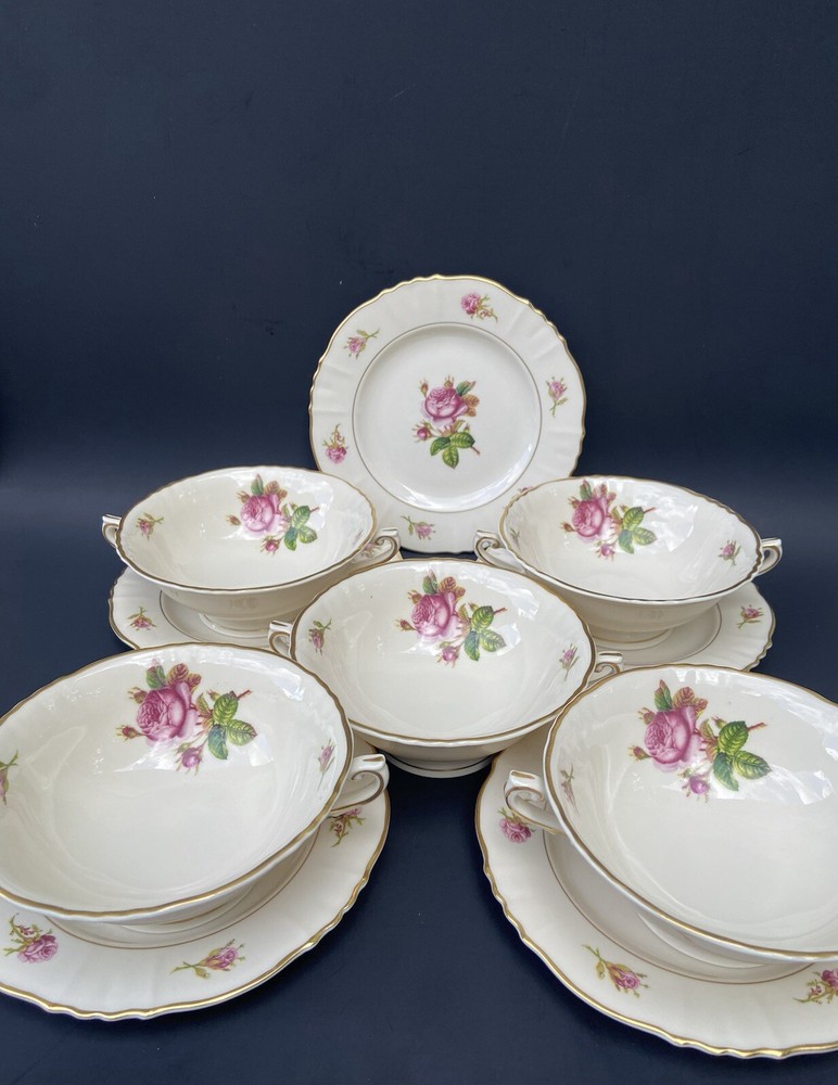 5 Federal Syracuse China Victoria Rose Pink Two Handle Cream Soup Cup/Bowls Gold