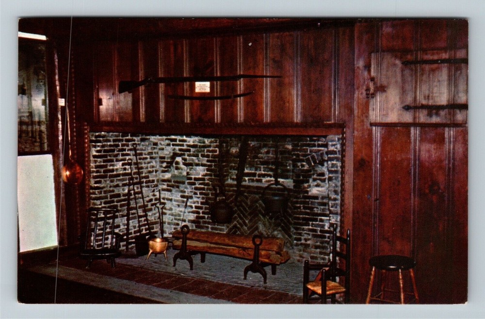 Boston MA-Massachusetts, Paul Revere House Living Room Fireplace Chrome Postcard