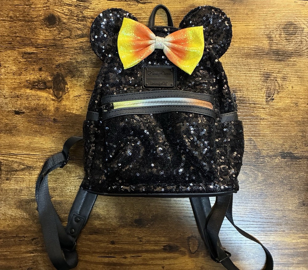 Loungefly Disney Minnie Mouse Mini Black Sequin Backpack with Candy Corn Bow