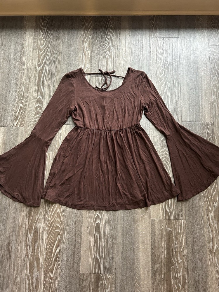 VTG Bell Sleeve Brown Tie Babydoll Top Sz M Y2K 90s Whimsy Fairy Witch Gothic