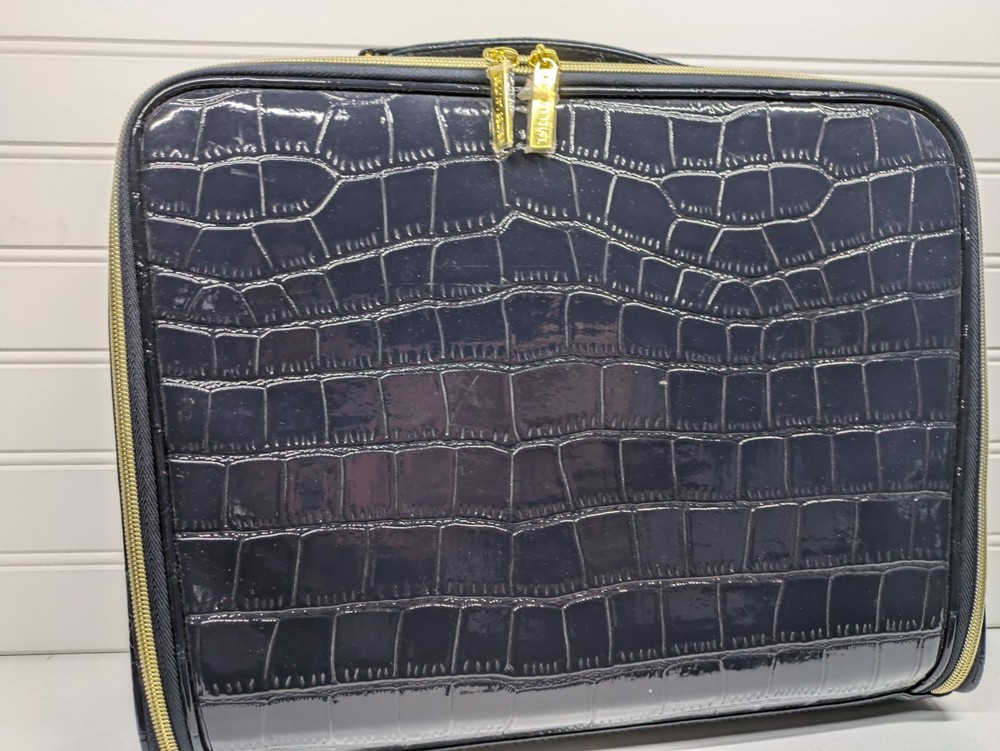 VTG Estee Lauder Navy Blue Faux Crocodile Embossed Make-up Travel Bag Train Case