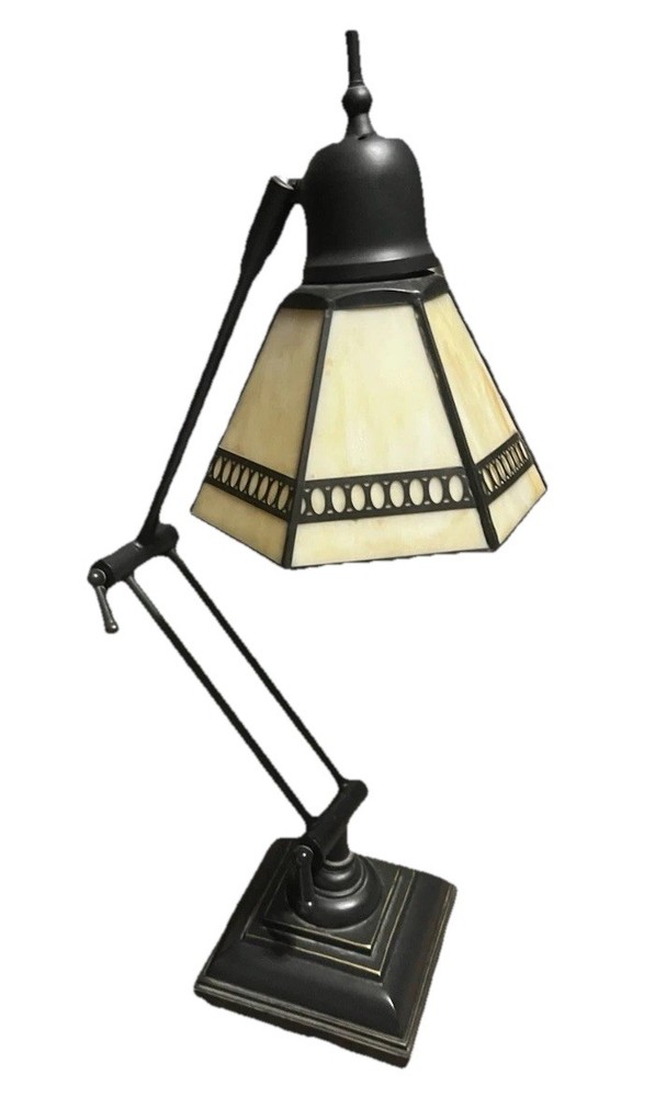 Tiffany Style Mission Table Lamp Swing Arm Desk Light Cream Stained Glass Shade