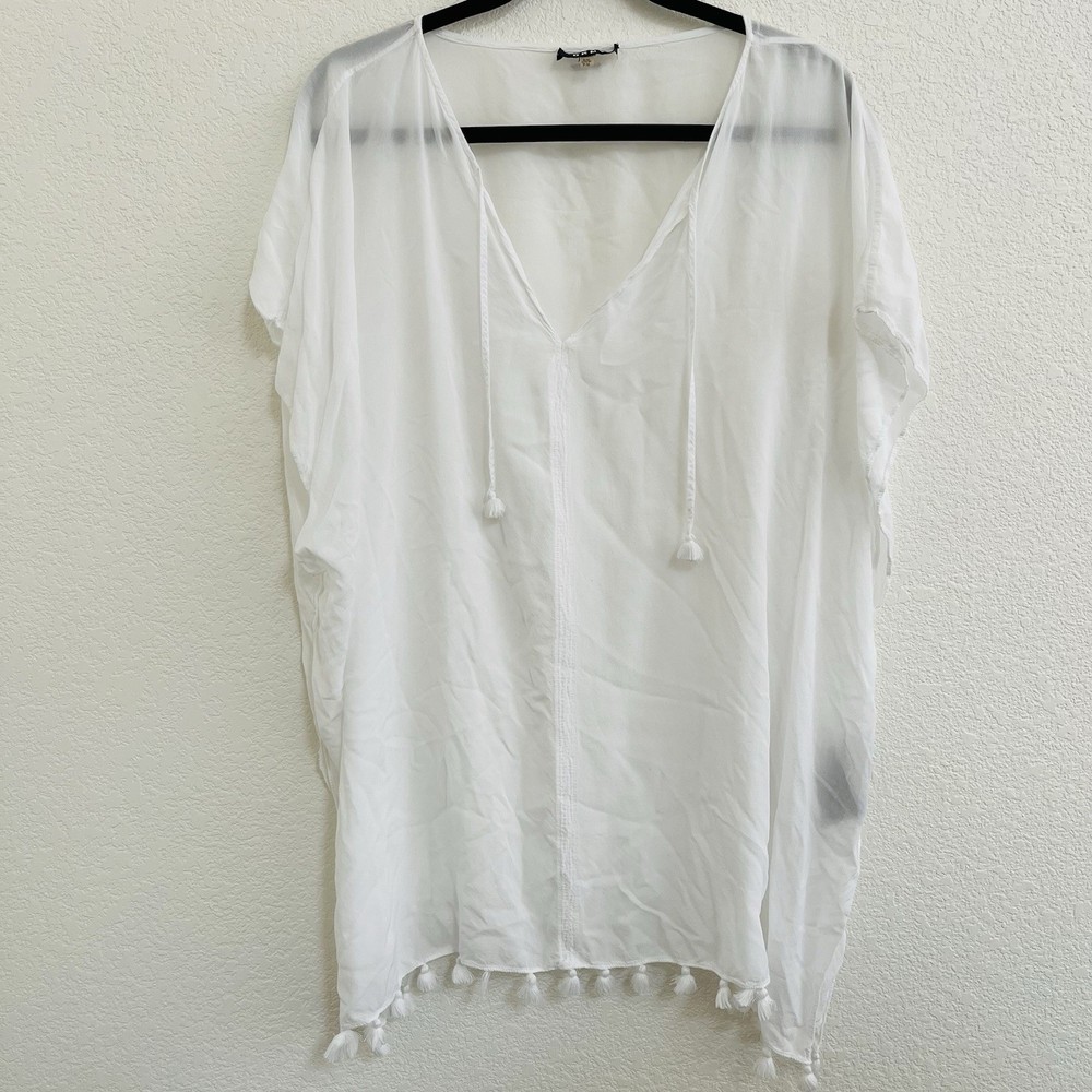 DKNY Sheer White Swim Cover Up Kaftan Tunic Tassel Boho Beach S/M Oversized