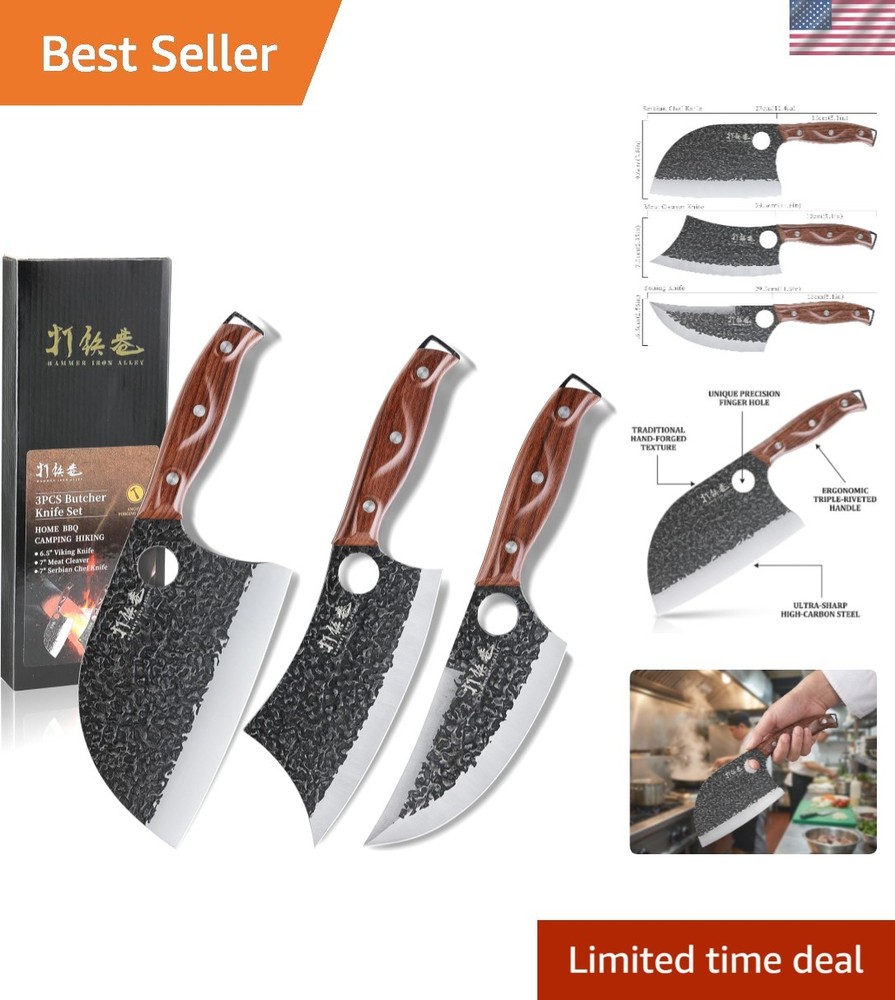 Butcher Knife Set for Men - Hand Forged Serbian Chef Knives 3pc BBQ