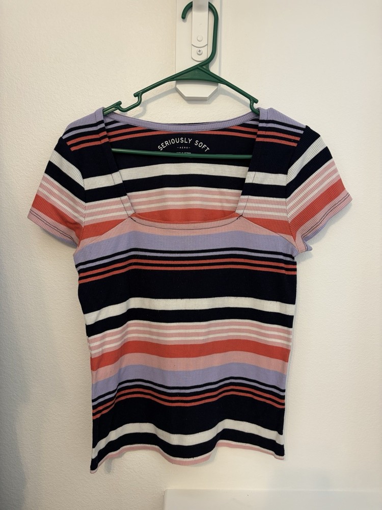 AERO Seriously Soft Knit T-Shirt Multicolor Striped Square Neck