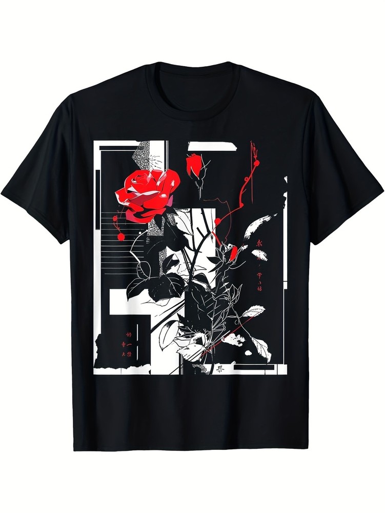 Geometric Rose T Shirt Red Floral Graphic Abstract Casual Streetwear Tee-image
