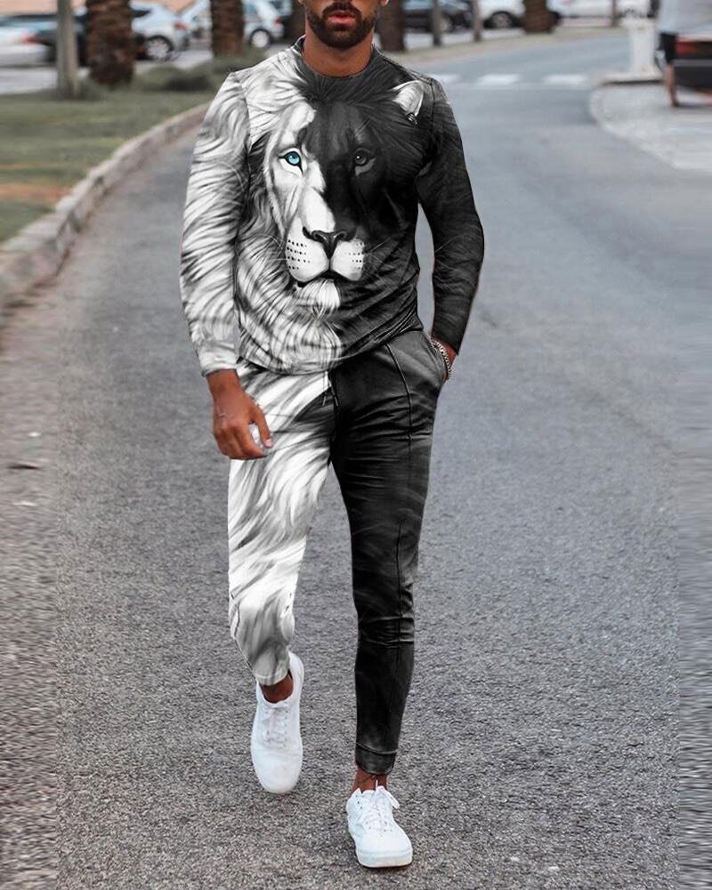 2023 New Men's Long Sleeve T-Shirt Tracksuit 2 Piece 3D Printed Retro Tracksuit