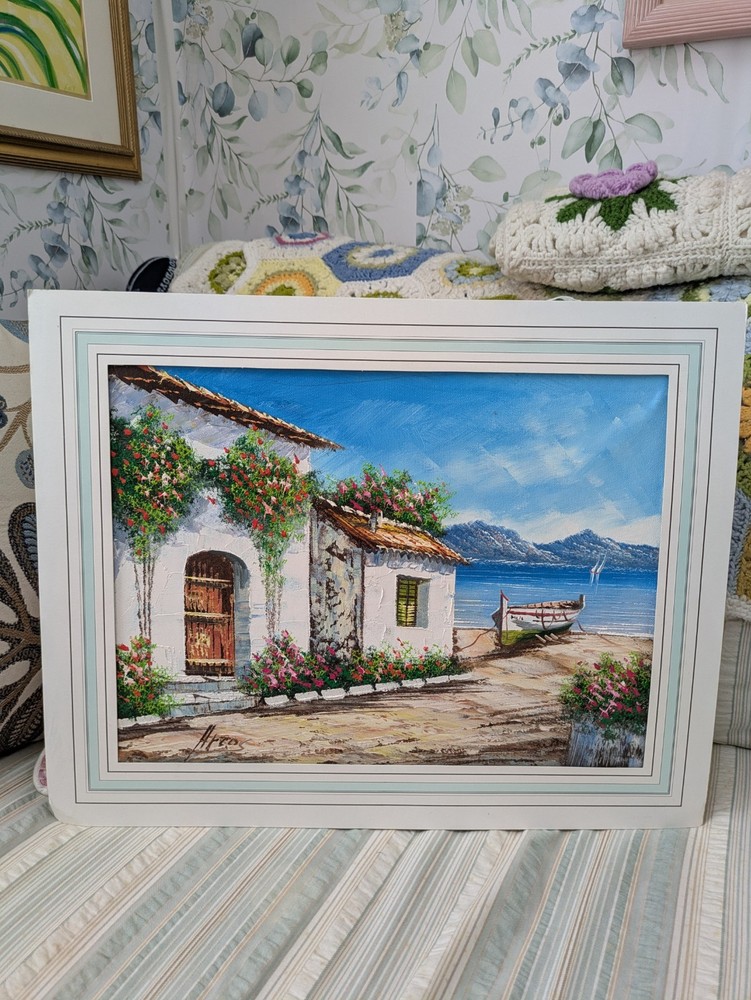 Vintage Original 15 X 19 Matted Greece Europe Coastal Oil Painting