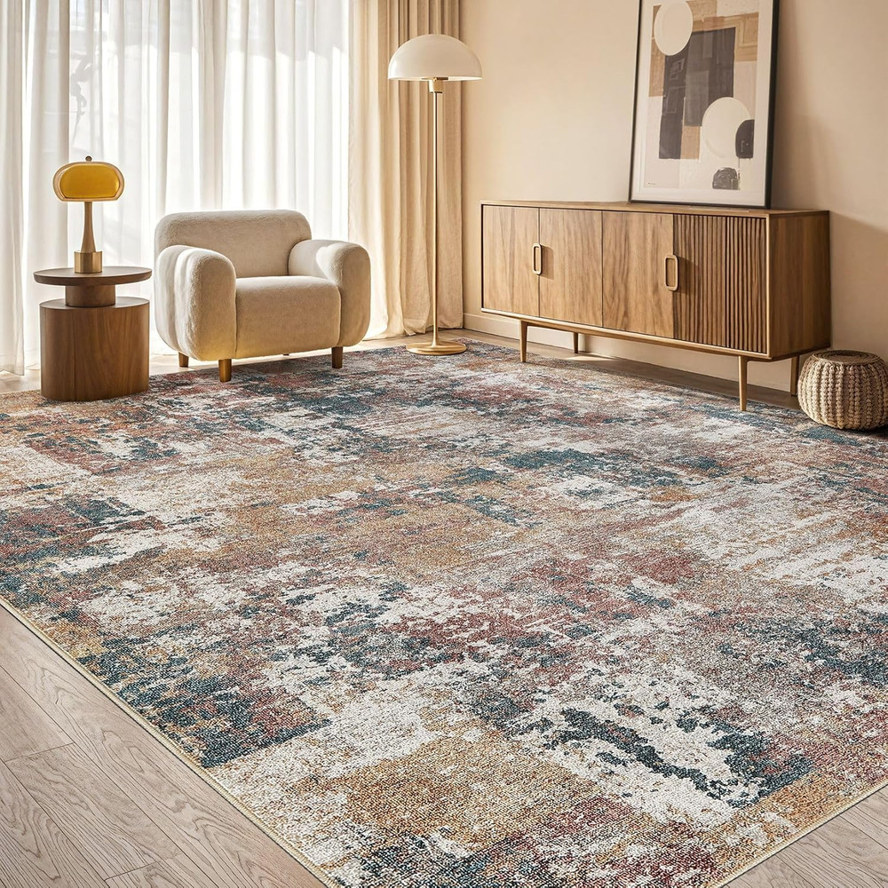 Washable 5X7 Area Rug for Living Room: Modern Abstract Neutral Large Soft Thin R