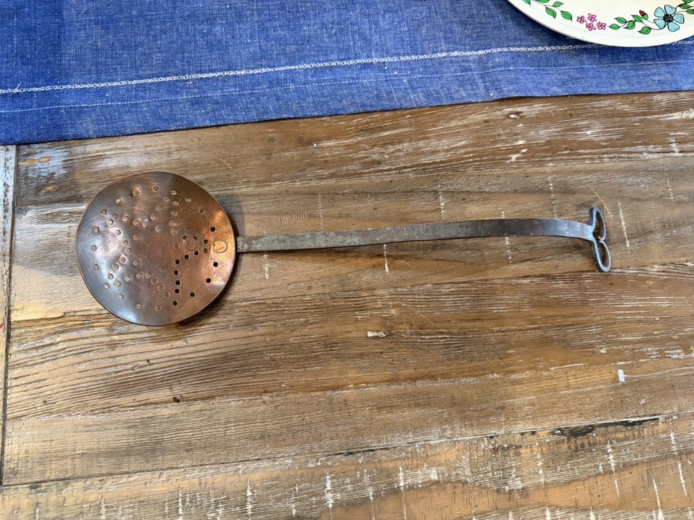 Rare 18th Ctry Heart Decorated Wrought Iron & Copper Punch Decorated Skimmer