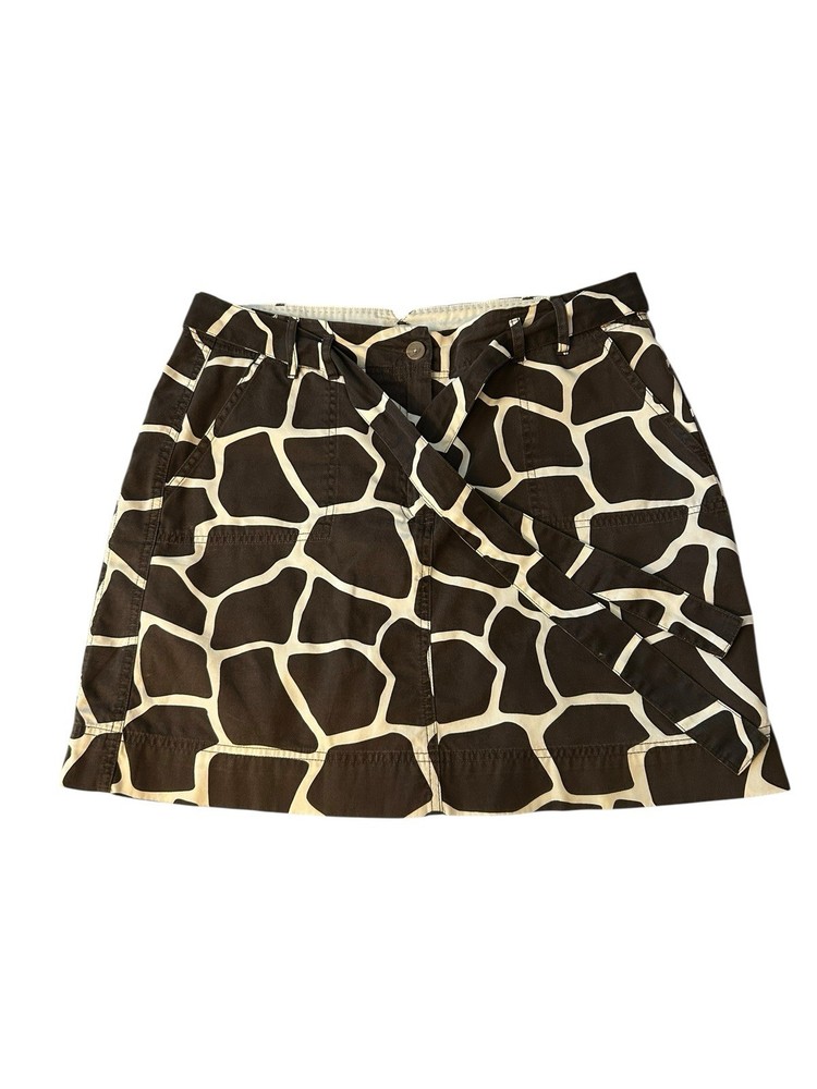 Lands End Mini Skirt Skort Animal Print Sz 12 Brown White Belted Cotton Pockets