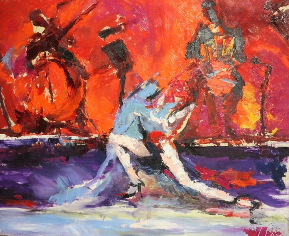 Contemporary fauvist oil painting figures landscape