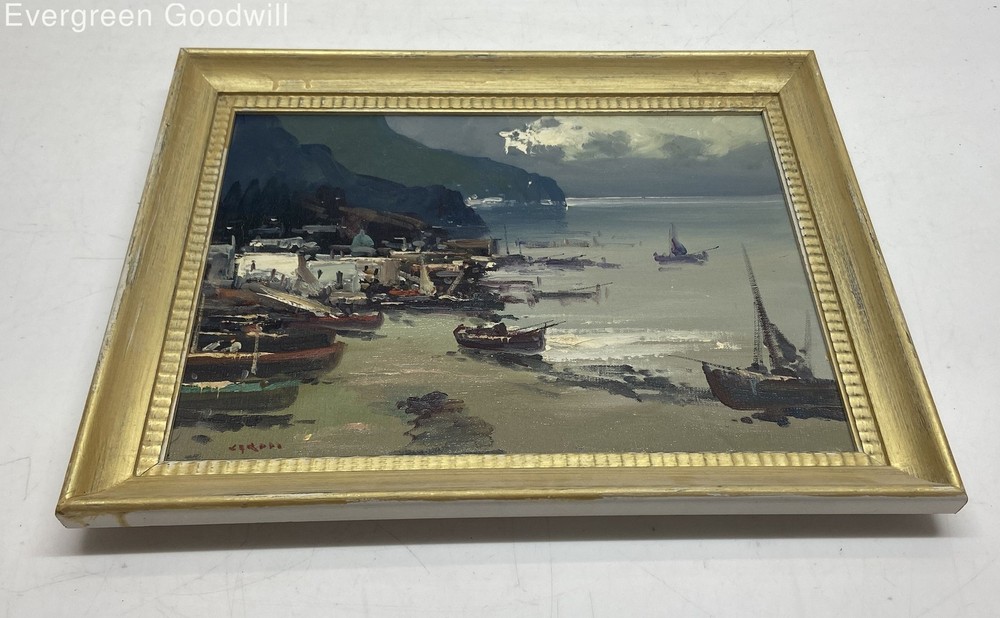 Framed Signed Oil on Canvas of a Marina