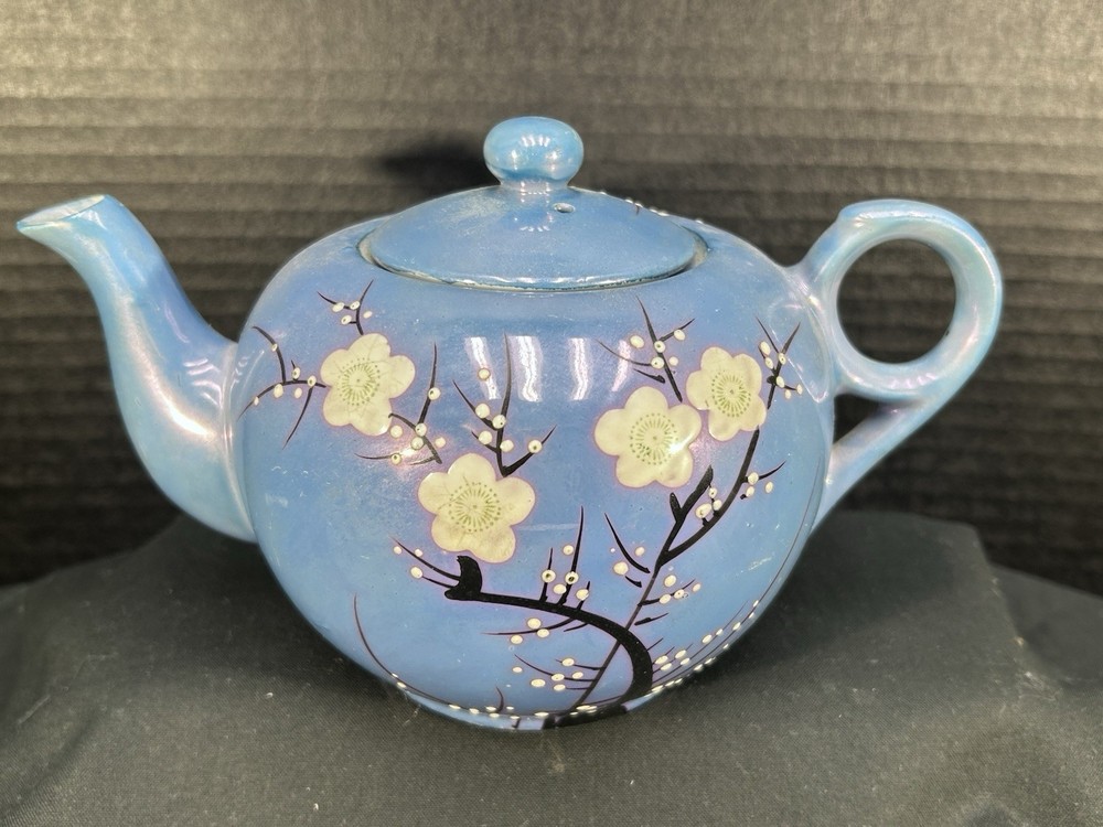 Vtg Blue Lusterware Teapot wLid Hand Painted Cherry Blossoms Japan 5inTx8inL