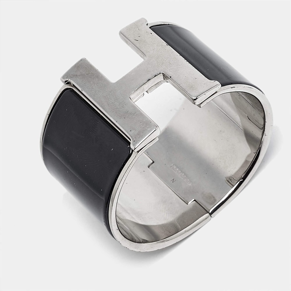 Hermes Clic Clac H Black Enamel Palladium Plated Extra Wide Bracelet