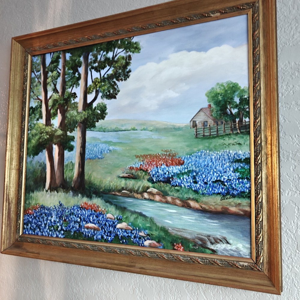 Bluebonnet Oil Painting Texas Hill Country Spring Landscape Signed Framed