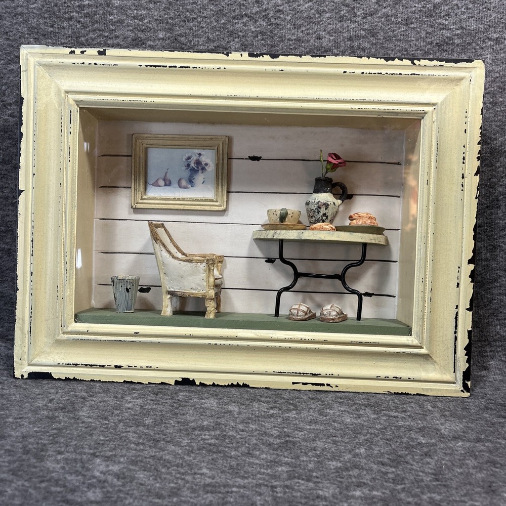 Art Pic 3D Wooden Shadow Box Dining Room Primitive Diorama Table Chair Slippers