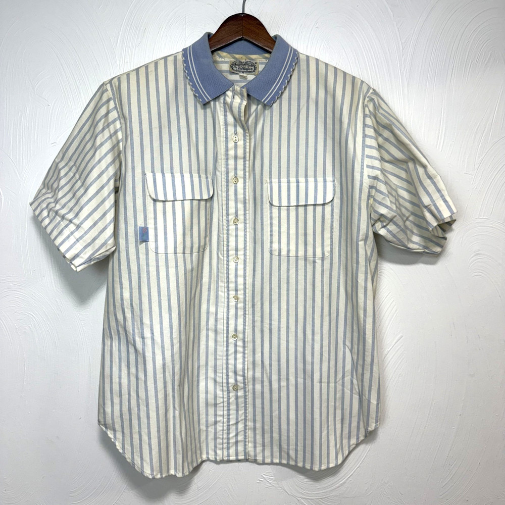 Vintage Villager Women's 90s Blue White Striped Short Sleeve Button Down Shirt 8