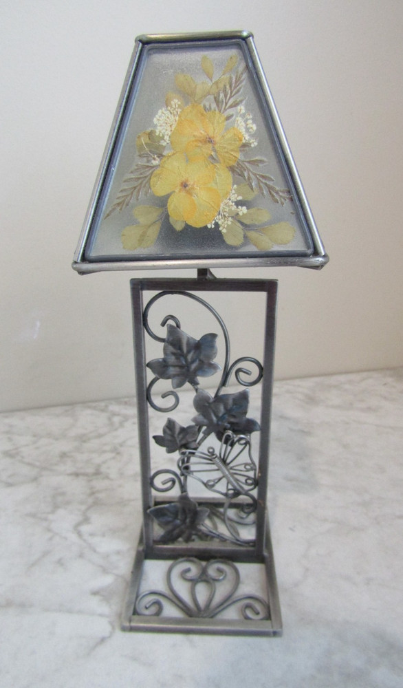 Tea Light Candle Lamp Metal Base W/ Dragonfly Frosted Glass Pressed Flower Shade