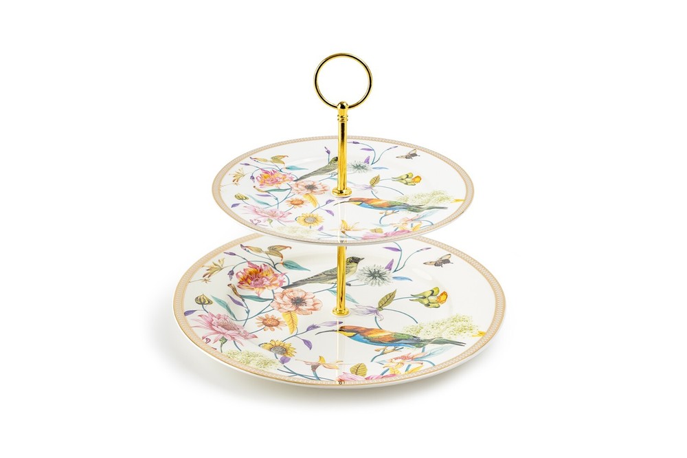 Grace Teaware Spring Flowers with Hummingbird Fine Porcelain 2-Tier Server
