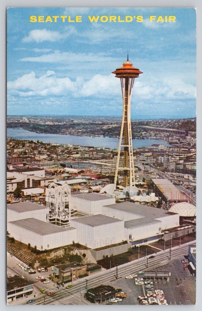 1962 Seattle World's Fair Space Needle Aerial View Postcard C P Johnston
